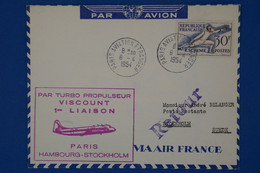 150 FRANCE BELLE LETTRE 1954  PREMIERE LIAISON   PARIS STOCKHOLM SUEDE+ RETOUR + AFFR. PLAISANT - 1927-1959 Matasellados