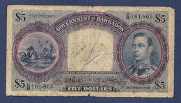 Barbados $5 Dollars 1939 P4a Rare Fine+ - Barbades