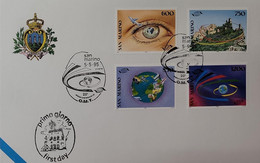 A) 1995, SAN MARINO, WORLD TOURISM ORGANIZATION, FDC PLANE AND EYE, SAN MARINO, PLANE AND WORLD, GLOBE, XF - Lettres & Documents