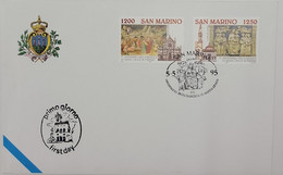 A) 1995, SAN MARINO, CENTENARY OF THE BASILICA OF THE HOLY CROCE OF FLORENCE, FDC, FINDING OF THE HOLY CROSS, VIRGIN WIT - Lettres & Documents