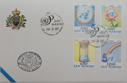 A) 1995, SAN MARINO, ONU, FDC, ANIVERSARIO DE LAS NACIONES UNIDAS, XF - Briefe U. Dokumente