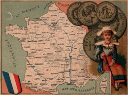 Chromo - Cartes De L'Europe Vers 1880 - Carte De La France (sans L'Alsace-Lorraine) Et Monnaie - Other & Unclassified