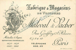 Paris 5ème * Fabrique & Magasins De Voitures MALEVAL & VACHER Rue Geoffroy St Hilaire * Carte De Visite Ancienne - Paris (05)