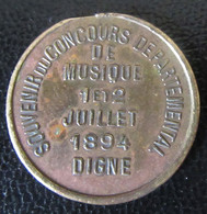 Petite Médaille Du Concours Départemental De Musique De Digne 1894 - 23 Mm, 3,95g - Professionals / Firms