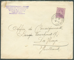 N°140- 20 Centimes Em. 1915 Obl. Sc Ste-ADRESSE (POSTE BELGE) Sur Lettre (griffe GOUVERNEMENT BELGE MINISTERE DE LA GUER - Autres & Non Classés