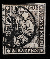Suisse 1854-1862 5Rp Graubraun Yv. 26 MiNr. 13II, Berner Druck Dickes Papier Mit Grünem (vert) Seidenfaden. - Gebraucht