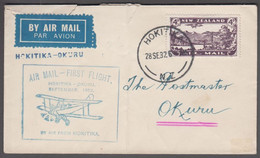 1932. New Zealand. AIR MAIL - FIRST FLIGHT HOKITIKA - OKURU SEPTEMBER 1932 BY AIR FRO... (MICHEL 182) - JF421843 - Briefe U. Dokumente