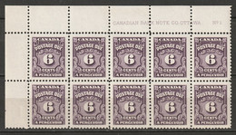 Canada 1957 Sc J19  Postage Due Plate 1 UL Block Of 10 MNH** - Port Dû (Taxe)