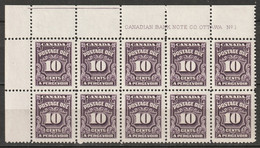 Canada 1935 Sc J20  Postage Due Plate 1 UL Block Of 10 MNH** - Postage Due