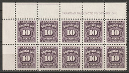 Canada 1935 Sc J20  Postage Due Plate 1 UL Block Of 10 MNH** - Port Dû (Taxe)