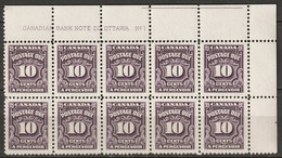 Canada 1935 Sc J20  Postage Due Plate 1 UR Block Of 10 MNH** - Portomarken