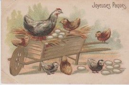 VOLAILLE . Poule Et Poussins Sur Brouette De Paille Remplie D'oeufs " Joyeuses Pâques " - Altri & Non Classificati