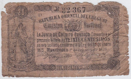 BILLETE DE URUGUAY DE 20 CENTESIMOS DE ORO DEL AÑO 1875 (MUY RARO)  (BANK NOTE)  (rotura) - Uruguay