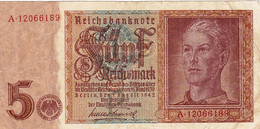 GERMANY 5 Reichs Mark (1939) 1942 F-VF P-186a "free Shipping Via Registered Air Mail) - 5 Reichsmark