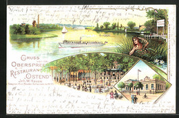 Lithographie Berlin-Niederschöneweide, Restaurant Ostend Mit Terrasse, Dampfer - Treptow