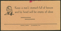 Buvard Blotter Löschblatt ~1928 Evanston IL USA Prohibition " Keep Stomach Full Of Booze Head Will Be Empty Of Ideas " - Liqueur & Bière