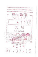 OFUNA KAMAKURA JAPON 2015, LETTRE VIGNETTE ROUGE OISEAU, VIGNETTE TRILINGUE  PAR AVION, VOIR LES SCANNERS - Storia Postale