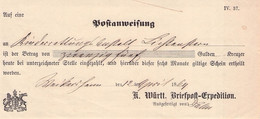 WÜRTTEMBERG - POSTANWEISUNG 1864 / QG 21 - Brieven En Documenten