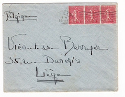 Lettre Paris 1929 Bande De 3 Semeuse Lignée 50c Liège Belgique - 1903-60 Sower - Ligned