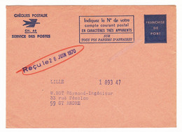 Lettre 1970 Lille Nord Chèques Postaux Service Des Postes Franchise De Port - Storia Postale