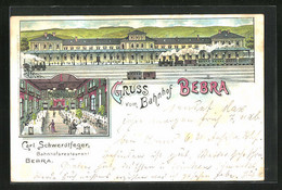 Lithographie Bebra, Bahnhof Mit Restaurant, Inh. Carl Schwerdtfeger - Bebra