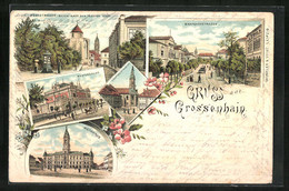 Lithographie Grossenhain, Postgebäude, Stadthauptkirche, Rathaus - Grossenhain