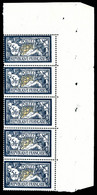 N°123 ** Merson, 5F Bleu Noir Et Chamois, Bande De 5 Exemplaires Coin De Feuille, SUP (cote Maury) - Unused Stamps