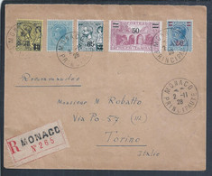 Registered Letter From Monaco 1928 To Turin, Italy. Prince Of Monaco. Overloads. Einschreiben Von Monaco 1928 Nach Turin - Brieven En Documenten