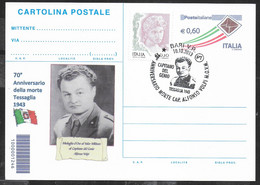 REPIQUAGE - CARTOLINA POSTALE -70° MORTE TESSAGLIA 1943 - A. VOLPI - 2013 - ANNULLO SPECIALE BARI V.R. - Stamped Stationery