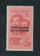 C.L.N. - PARTIGIANI  ALTO  ADIGE:  1944  F.LLI  BANDIERA  -  £. 2,50  ROSSO  N. -  RRR - Comitato Di Liberazione Nazionale (CLN)