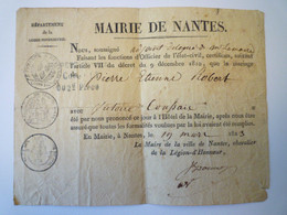 2021 - 2368  MAIRIE De NANTES  :  Certificat De MARIAGE Entre Pierre Etienne ROBERT Et Victoire COUSAIS  1823  XXX - Non Classés