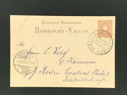 Rohrpost Karte 6 Berlin 1889 An Central Hotel - Enteros Postales