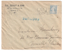 PARIS POSTES Facture Entête Elie Paisant Kahn 40c Semeuse Bleu Yv 237 Ob 1930Meca Krag 7 Lignes Inégales Dreyfus A00858 - Oblitérations Mécaniques (Autres)