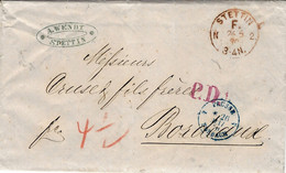 1870 -  PAID Letter From STETTIN - Red Postmark  + P.D. French Entrance PRUSSE 4 FORBACH 4 Blue - Covers & Documents