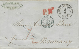 1858 - Lettre De KONIGSBERG  Pour Bordeaux  " Franco  " Puis Taxe Barrée - Entrée 30 PRUSSE 3 VALENCIENNES Bleue - Marques D'entrées
