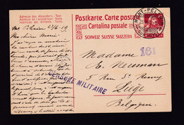 DDZ 781 - CENSURE Militaire Belge Post WWI 1918/19 - Entier Suisse MONT PELERIN 1919 Vers LIEGE - Censeur 161 - Autres & Non Classés