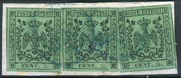 Modena 1852 Sass N 7 C. 5 Verde, Punto Dopo La Cifra. Tre Valori Con Grandi Margini Su Frammento Al Retro Firmato ADiena - Modena
