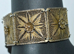 BRACELET ARGENT Filigrané VERMEIL 6 Carrés Décorés De Volutes & Fleur Charançon Bijou Ancien Argent Massif Doré - Armbanden