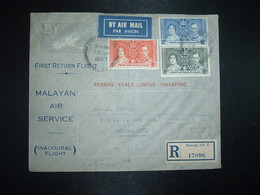 LR FIRST RETURN FLIGHT MALAYAN AIR SERVICE PENANG KUALE LUMPUR SINGAPORE TP 12c + 8c + 4c OBL.28 JU 1937 PENANG - Malayan Postal Union