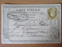 France - Timbre Cérès 15c N°59 Sur Précurseur Entre Carcassonne Et Cayeux Sur Mer - Ob. PC Du GC 1 Abbeville 1874 - 1849-1876: Klassieke Periode