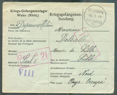 Env. Kriegsgefangenen-Sendung Wahn (Rhld.) Cachet Sc Absendung 10.7.1917 P.Pr. Limburg De Hélène DEPAUW Vers Mairie De L - Kriegsgefangenschaft