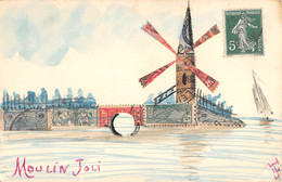 CPA FANTAISIE PAS TRES COURANTE AVEC UN PAYSAGE "MOULIN JOLI" FAIT AVEC DES TIMBRES ANCIENS - Mechanical