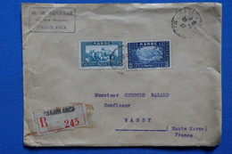 W3 MAROC BELLE LETTRE RECOM.  1937 CASABLANCA POUR WASSY + CACHET CIRE+ AFF. INTERESSANT - Covers & Documents