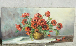 TABLEAU HUILE SUR TOILE HST Signée VIBERT GROS BOUQUET COQUELICOTS Ou PAVOTS XXe COLLECTION DECO VITRINE - Huiles