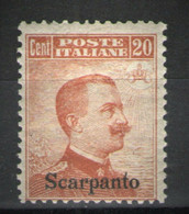EGEO SCARPANTO 1921-22  20 C. SASSONE N. 9 ** MNH - Egée (Scarpanto)