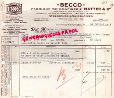 67- STRASBOURG KOENIGSHOFFEN- FACTURE BECCO-FABRIQUE CONFISERIE MATTER- 184 ROUTE DES ROMAINS- 1934 - Alimentos