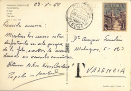 1968 , ANDORRA  - CORREO ESPAÑOL , ED. 62 , PUIGCERDÁ - VALENCIA , TASA , TAXE - Cartas & Documentos