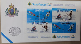 A) 1994, SAN MARINO, SPORTS, FDC, WINTER OLYMPIC GAMES. LILLEHAMMER. NORWAY, JUMPING, FREE DESCENT, GIANT SLALOM, ICE SK - Covers & Documents