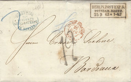 1863- Letter From BERLIN.POST-EXP.9 / POTSDAM.BAHNH. To Bordeaux ( France ) Rating 12 D.  Entr. PRUSSE FORBACH / AMB Red - Marques D'entrées
