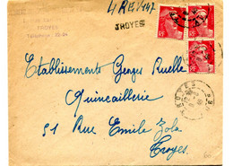 Lettre De Troyes Du 9/8/1946 Affr. à 9 F (Gandon 3 F X3) Au Tarif L/20g Recommandé Du 1/1/1946. - Postal Rates